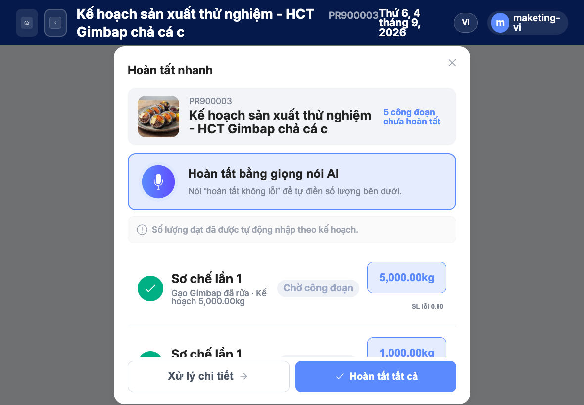 Nút hoàn tất bằng giọng nói AI và nút nhập số lượng đạt trên màn hình xử lý hoàn tất nhanh