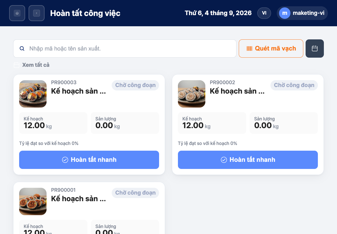 Màn hình kiểm tra lệnh sản xuất trong danh sách hoàn tất công việc tại hiện trường, có ảnh mặt hàng và số lượng kế hoạch